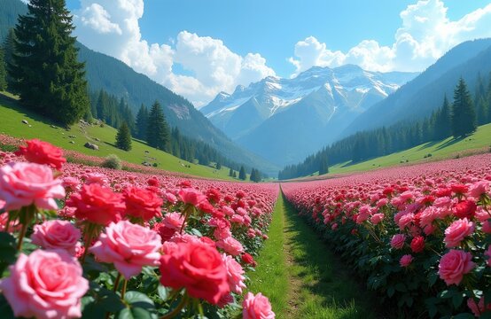 Vast rose field stretches through a green mountain valley under a blue sky with white clouds. Snow capped peaks form a dramatic backdrop to the blooming pink and red flowers.