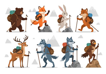 Fototapeta premium Hiking Animals: Cartoon Wildlife Backpacking in Mountain Nature