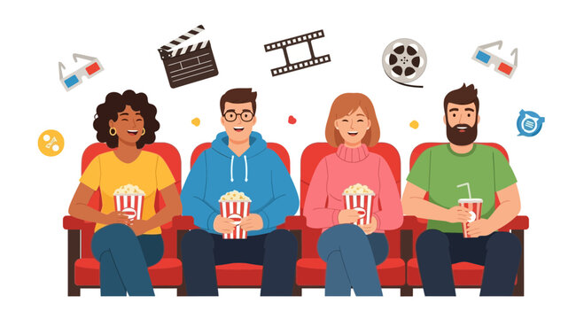 Happy friends enjoying a movie in a cinema theater with popcorn and drinks, watching film concept