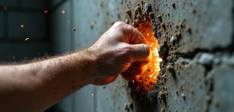 Human fist breaks concrete wall. Forceful impact creates debris and sparks. Symbol of breaking barriers, overcoming obstacles or sudden destruction. Powerful energetic burst.