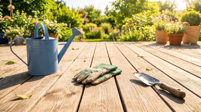 Gardening tools on wooden deck under sunlight, copy space