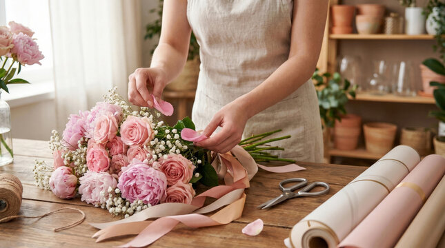 Florist hands arranging beautiful pink rose bouquet, small business concept