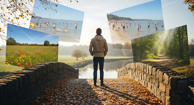 Man standing on stone path outdoors.