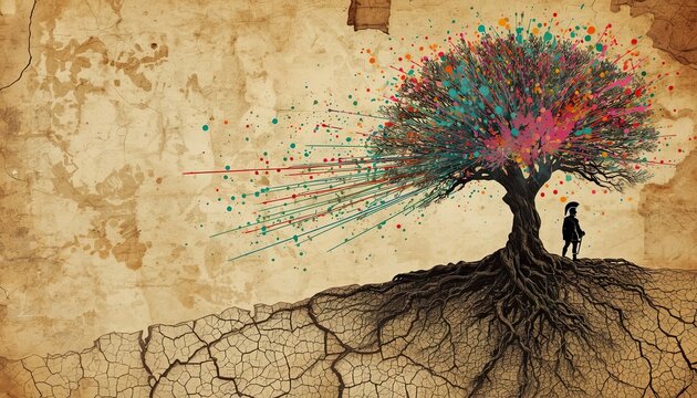 Colorful tree with roots on cracked dry ground