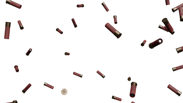 Falling Red Shotgun Shells Against White Background