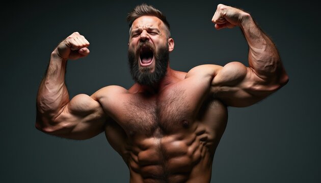 Muscular man flexing bicpic and chest. Athlete shows powerful sculpted body with abs. Bearded male shouts with effort during strength workout in gym.