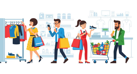 Fototapeta premium Shopping day: People shopping. Retail therapy and grocery purchasing.