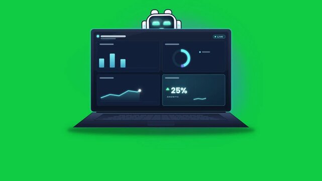 Laptop screen shows AI dashboard analytics growing with rising charts on green screen