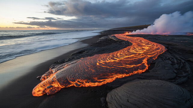 Lava flows down a volcanic coastline and meets the ocean waves during a dramatic sunset evening.