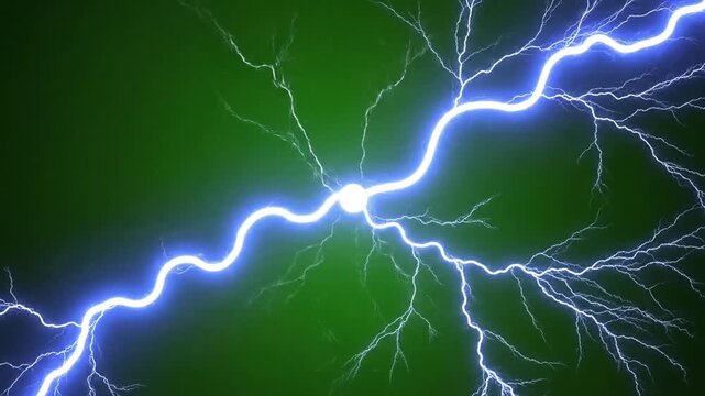 Bright electric sparks discharge against a dark green background