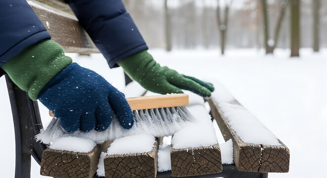 Person brushing snow from brick bench.