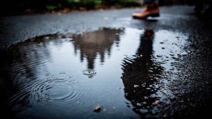 Fototapeta premium A moody rainy urban scene with reflected city silhouettes in a glossy puddle. Minimalist blue tones and ripples create an elegant, high-contrast atmosphere.