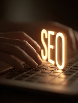 Hands typing on a laptop keyboard with glowing seo letters symbolizing digital marketing and search engine optimization concept at night time