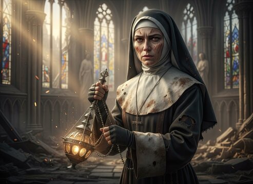 Nun holding lantern and dagger in church
