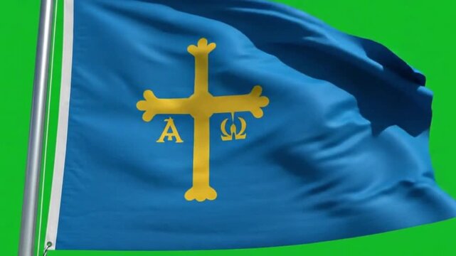 Flag of asturias, spain, waving against a green screen background