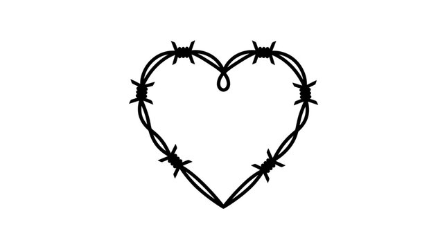 A minimalist black barbed wire heart symbol on a white background.