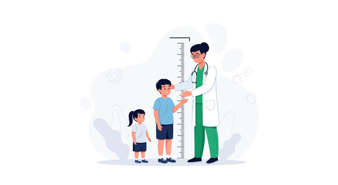 Doctor measuring height of children using stadiometer for growth check. Pediatrician and kids in clinic.