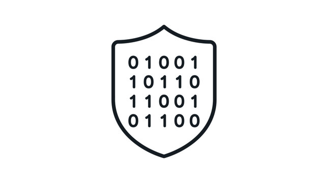 A minimalist shield icon containing binary code representing digital security and data protection.