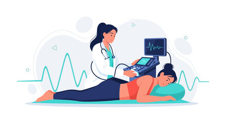 Obraz premium Doctor Performing Ultrasound Examination on Patient Lying Down, Medical Technology and Healthcare Concept
