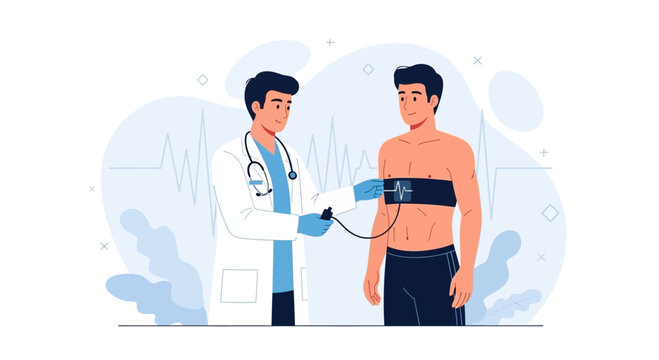 Doctor performs Holter monitor test on patient to check heart rhythm and cardiac health, medical illustration