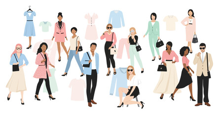 Fototapeta premium Stylish fashion collection. Diverse people, seasonal clothing flat vector.