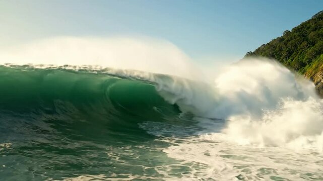 Powerful crashing ocean wave near tropical coastline, blue sea swell breaking on shoreline, scenic coastal nature landscape background