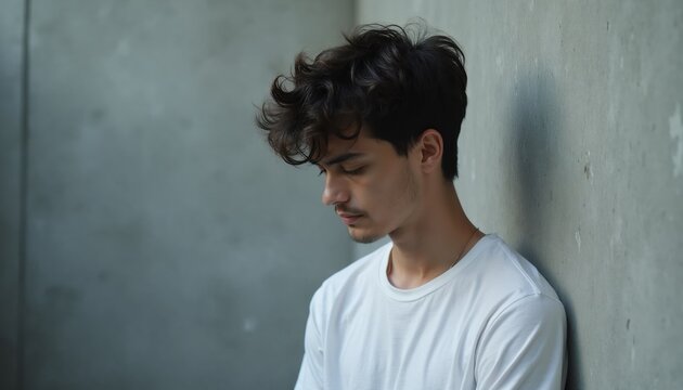 Young man with messy dark hair leans head down against textured grey wall. He wears a simple white t-shirt, appearing thoughtful or sad. Minimalist background, indoor setting, muted tones.