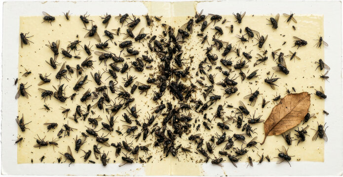 A large collection of dead flies and other insects adhered to a yellow sticky flypaper trap alongside a dried leaf 176 characters infestation pest extermination control swarm