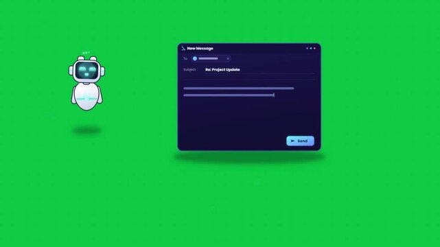 AI robot assistant composes and sends email message on green screen technology background