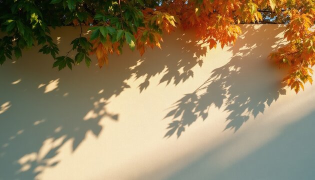 Green and orange leaves cast shadow patterns on a light beige wall. Sunlight creates dappled shade and bright streaks across the textured surface. Autumn foliage branches overhang the wall.