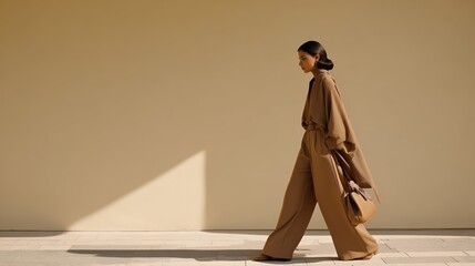 Obraz premium Elegant woman in neutral fashion walks past a minimalist wall, her flowing outfit caught in cinematic light. Dramatic shadows and oversized shopping bag evoke modern luxury style.