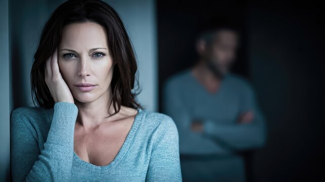 A sad woman stands in a hallway, her face covered by her hand, highlighting emotional stress after a domestic conflict. Dramatic lighting and shadows intensify the cinematic and realistic tension.