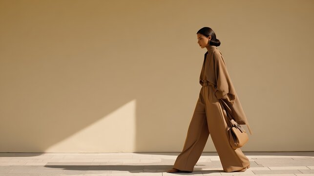 Elegant woman in neutral fashion walks past a minimalist wall, her flowing outfit caught in cinematic light. Dramatic shadows and oversized shopping bag evoke modern luxury style.