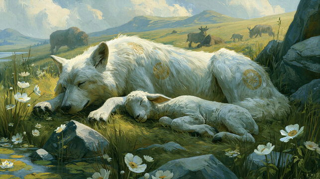 Isaiah's prophecy of the wolf living with the lamb, peaceful animal kingdom harmony, utopian nature scene.