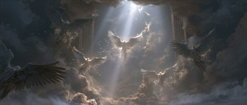 Isaiah's vision of the Lord's throne room filled with smoke, six-winged seraphim flying, radiant divine light, surreal realism