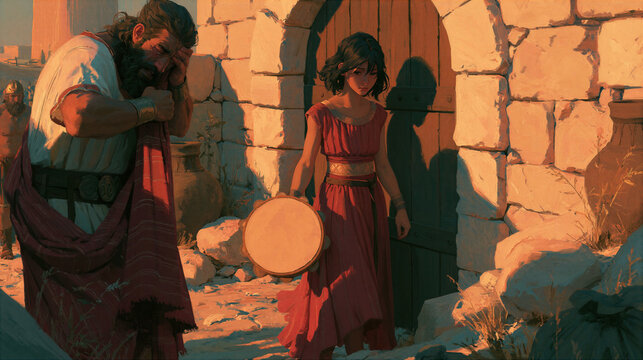 Jephthah tearing his clothes in sorrow as his daughter walks out to greet him with a tambourine, tragic biblical scene.