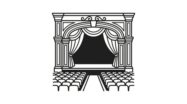 A black and white line art illustration of a classic theater stage with audience seating.