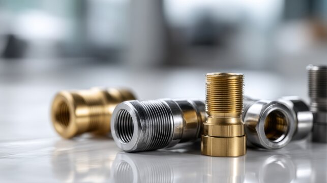 Various metal threaded pipe fittings in silver and gold finish arranged on a reflective surface in an industrial setting with a blurred background