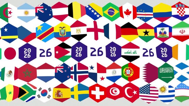 Soccer tournament 2026 participating country flag in hexagon pattern, 2d animation loop