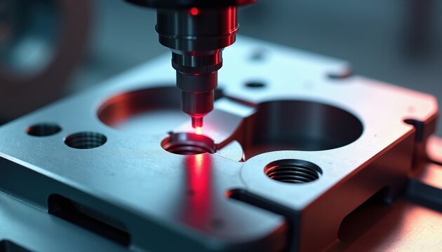 Precision CMM machine probe measures metal part detail. High tech automation ensures quality control in manufacturing. Automated inspection of engineered components.
