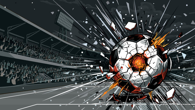 Soccer ball exploded and burst into flames at the middle of soccer stadium background