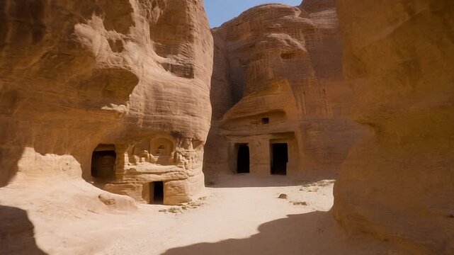 Hegra ancient rock cut tombs in a desert canyon at alula