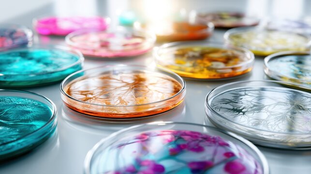 Colorful petri dishes with various bacterial or fungal cultures growing under laboratory light for microbiology research and analysis in a scientific setting