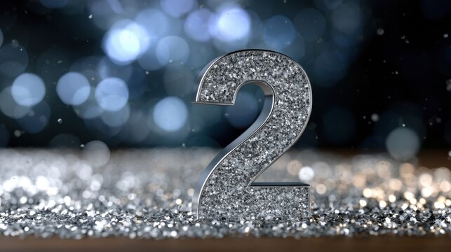 Sparkling glittering number two standing on silver confetti with blurred shining lights creating festive and celebratory atmosphere in background