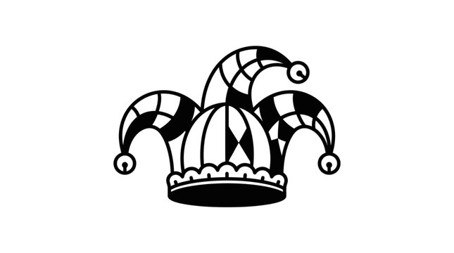 A black and white graphic illustration of a classic three pointed jester hat with bells.