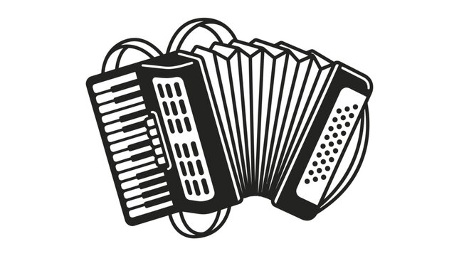 A black and white line art illustration of a classic piano accordion musical instrument.