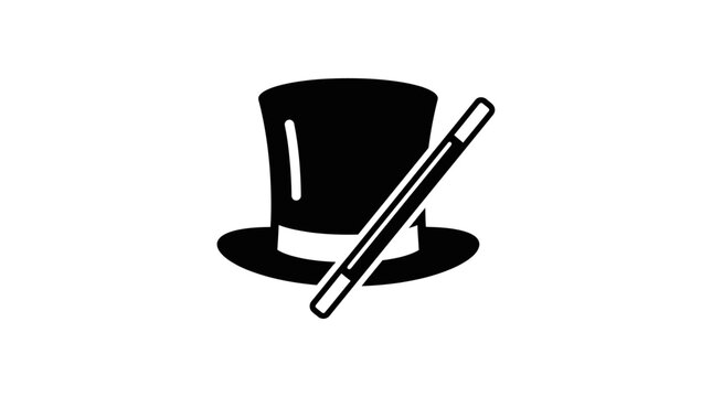A black and white icon featuring a classic magician top hat and a magic wand.