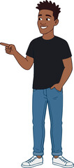 Smiling Black Young Man Pointing Finger in Black T-Shirt and Jeans — Cartoon Character Flat Design Illustration on White Background