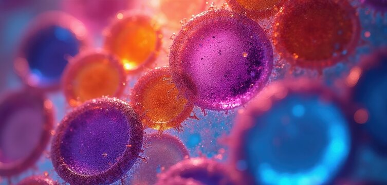 Microscopic view of blood cells in vibrant colors. Cells show detailed textures and surfaces under magnification. Used for medical research and science education.