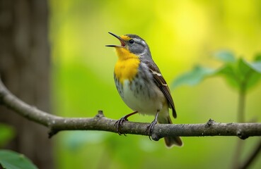 Obraz premium Yellow warbler bird perched on tree branch. Small avian creature sings with open beak in bright green forest foliage. Wildlife nature scene, spring season, closeup.